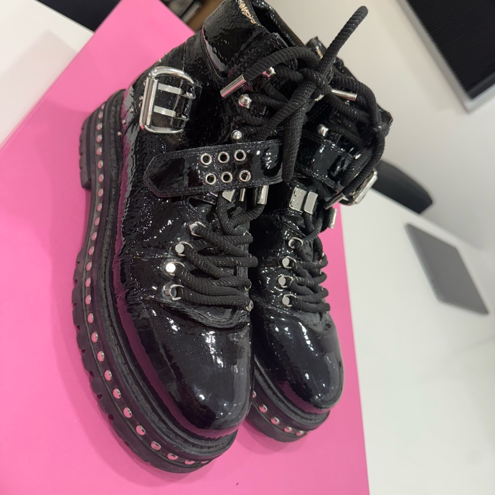 Black Patent Leather Ankle Boots with Silver Accents